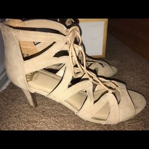 Fergalicious Lace Up Tan Heels